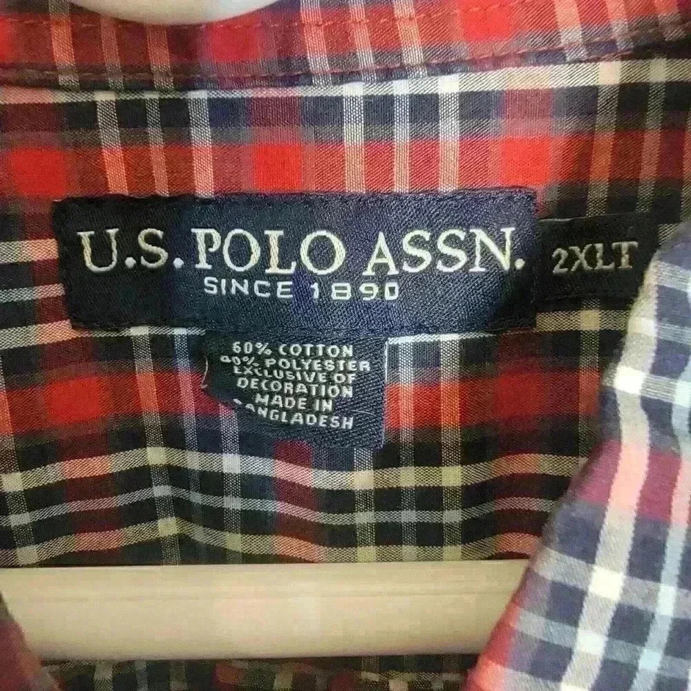 US Polo Assn. Shirt Mens 2XLT Red Button Up Long Sleeve Plaid Casual Pony - Picture 5 of 6